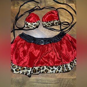 New with Defects Christmas Leopard Animal Print 2pc Bikini Top & Skirt Outfit